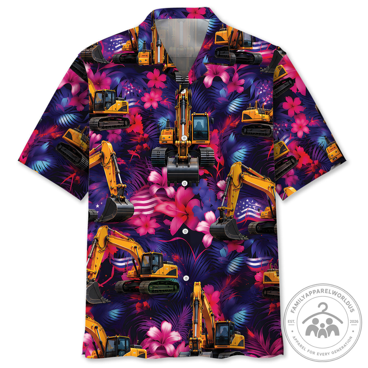 Neon Tropical Excavator Construction Equipment Hawaiian Shirt