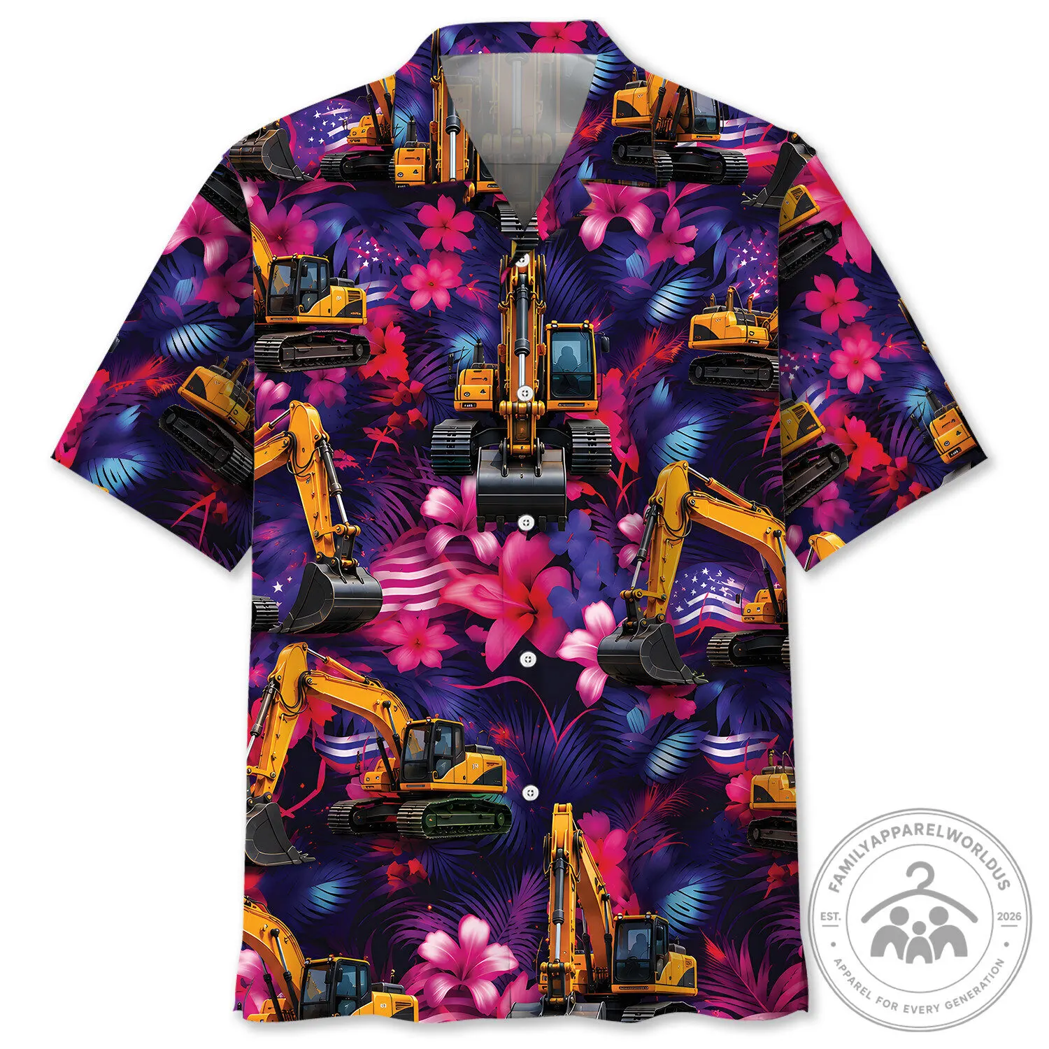 Neon Tropical Excavator Construction Equipment Hawaiian Shirt