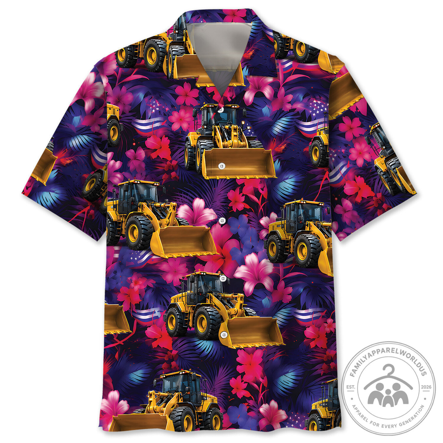 Neon Tropical Wheel Loader Construction Equipment Hawaiian Shirt
