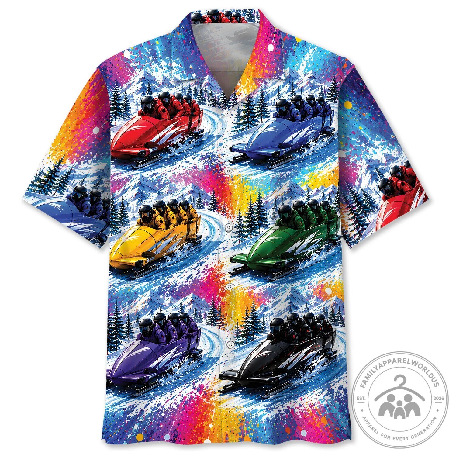 Bobsled Team Winter Sports Colorful Mountain Hawaiian Shirt