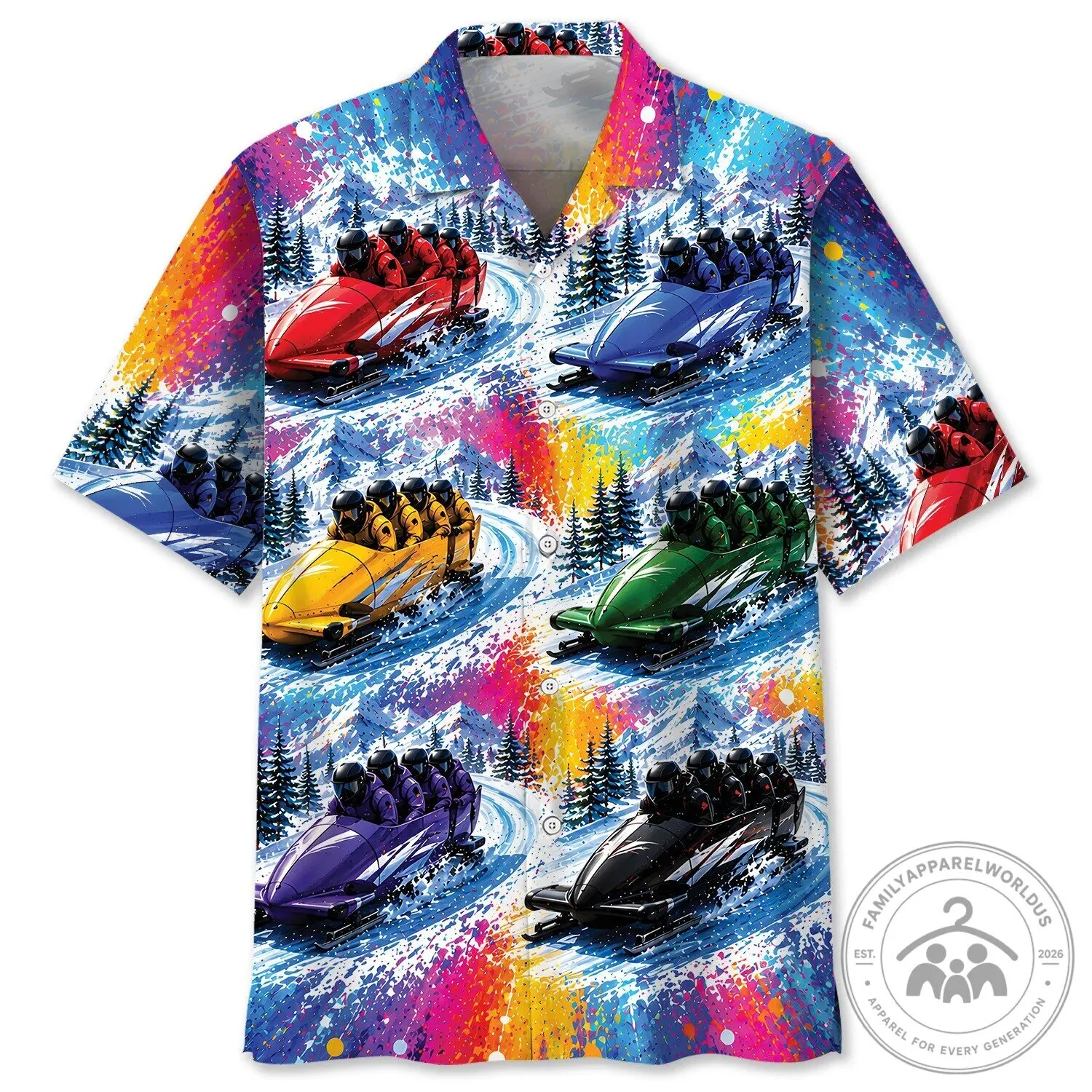 Bobsled Team Winter Sports Colorful Mountain Hawaiian Shirt