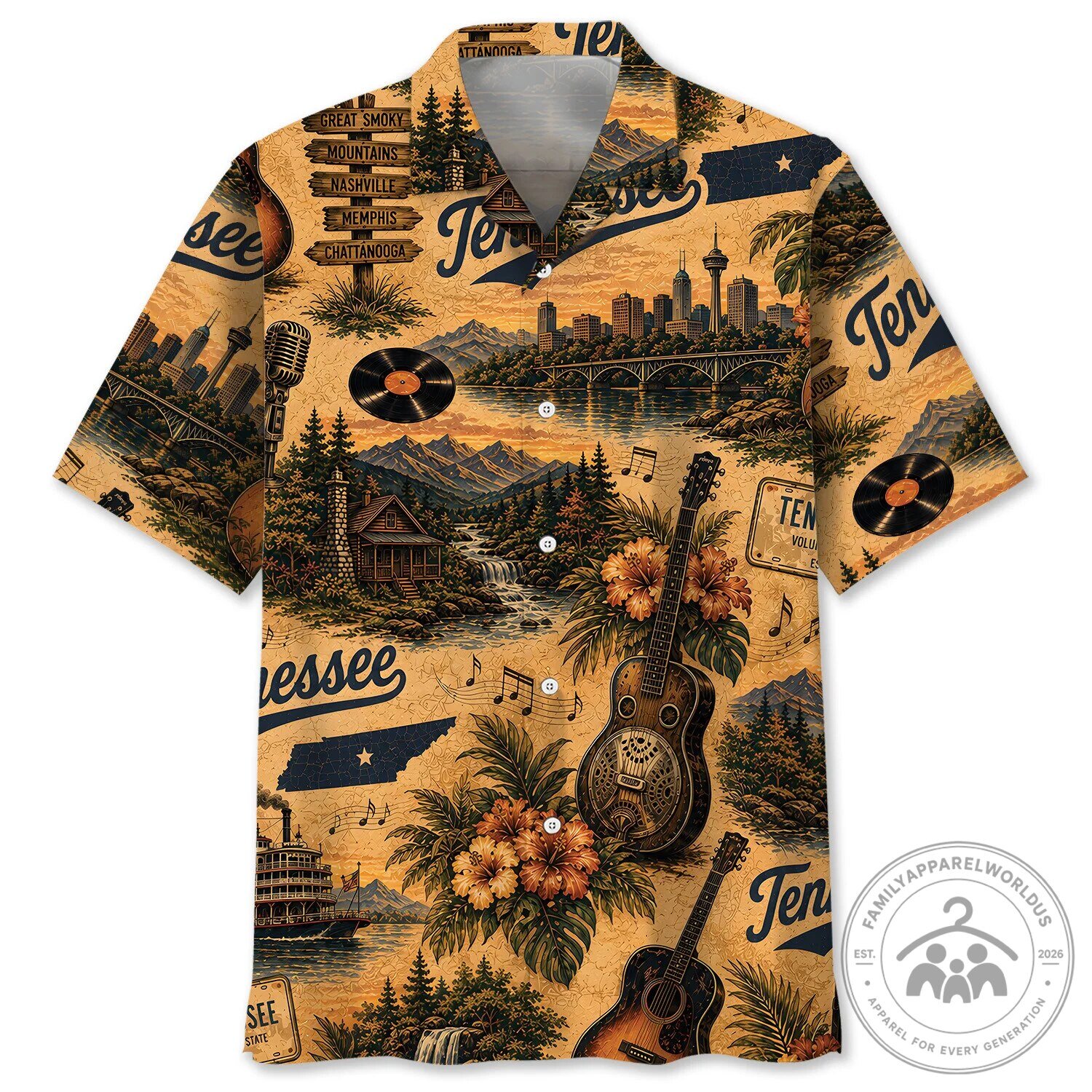 Vintage Tennessee State Travel Pattern Hawaiian Shirt