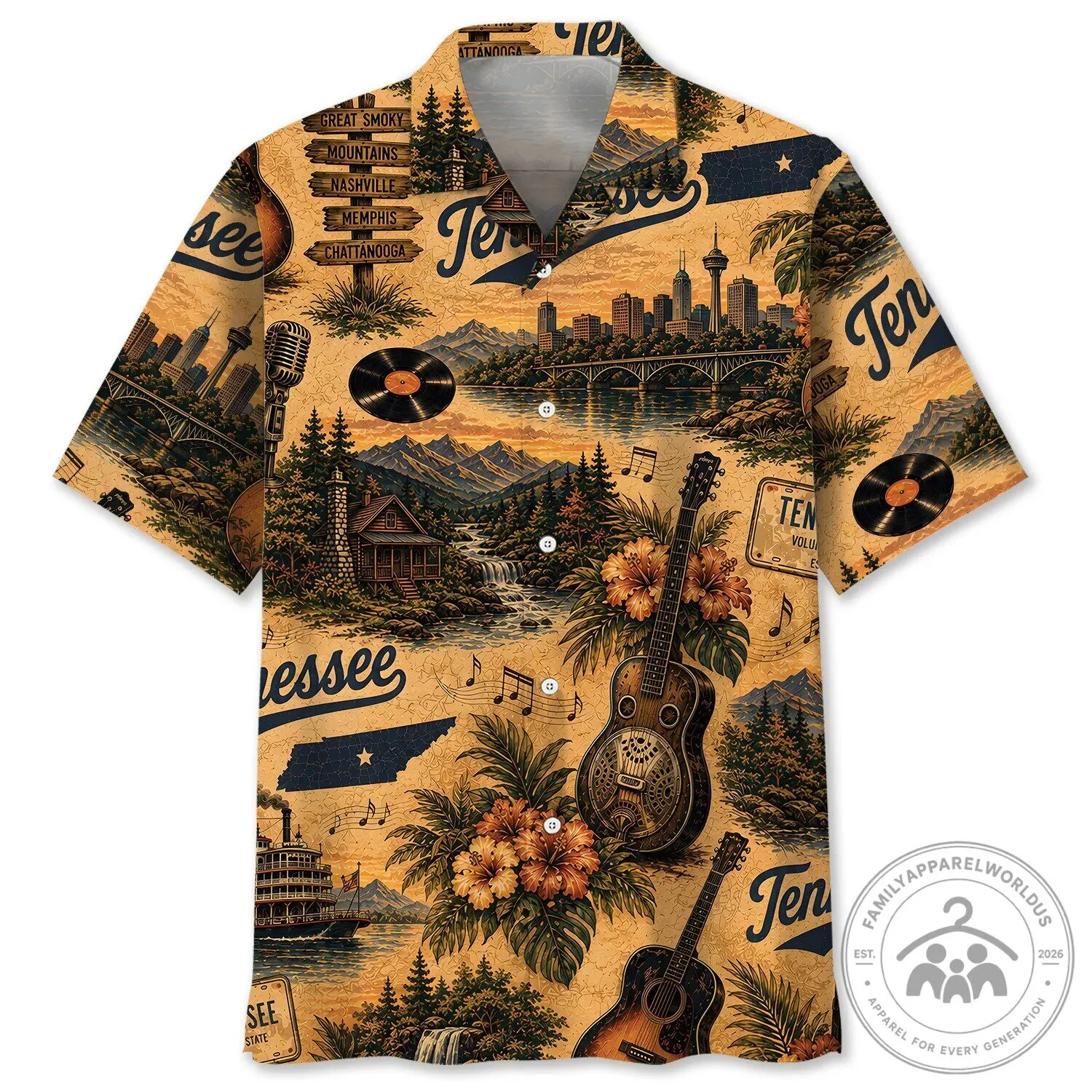 Vintage Tennessee State Travel Pattern Hawaiian Shirt