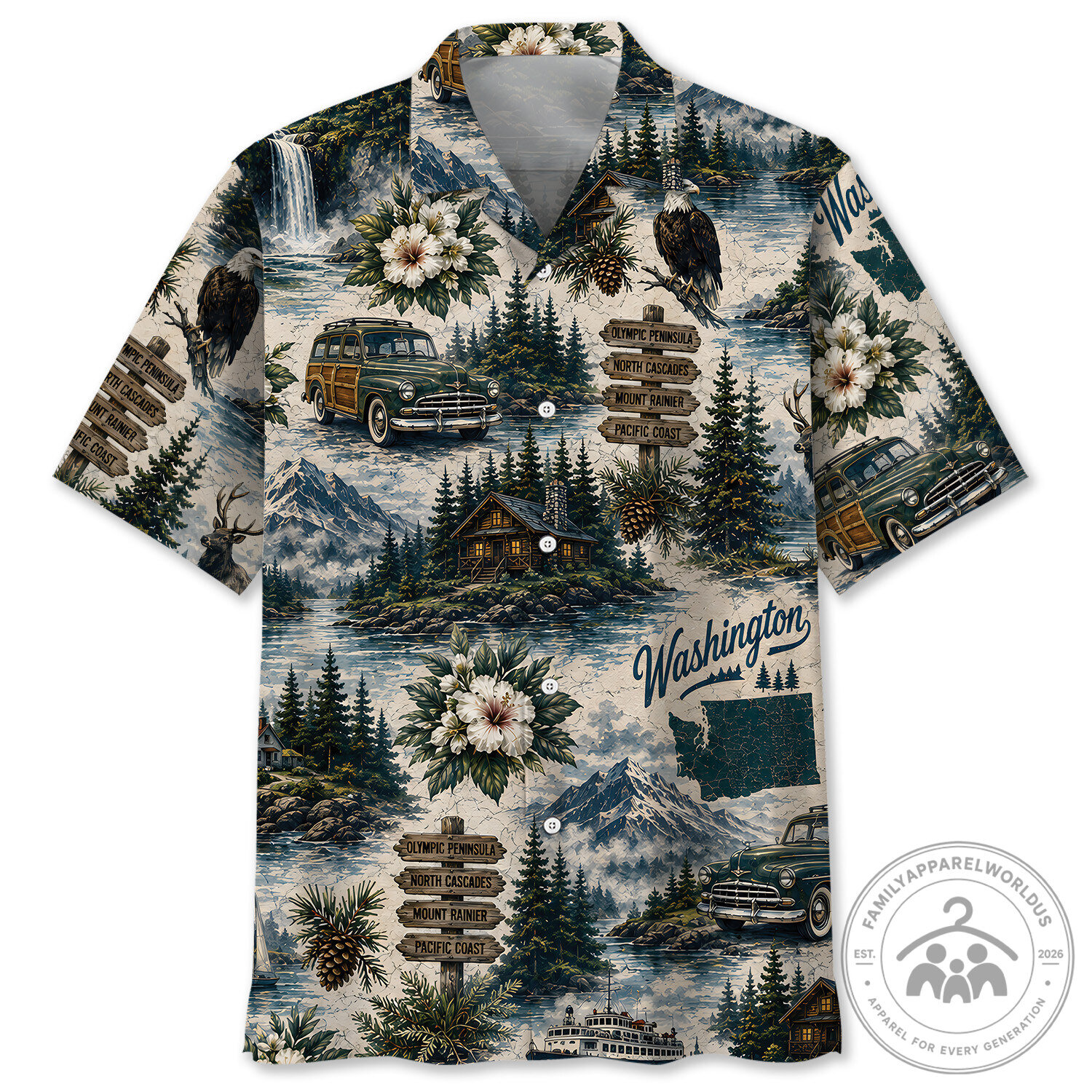 Washington State National Parks Vintage Map Hawaiian Shirt