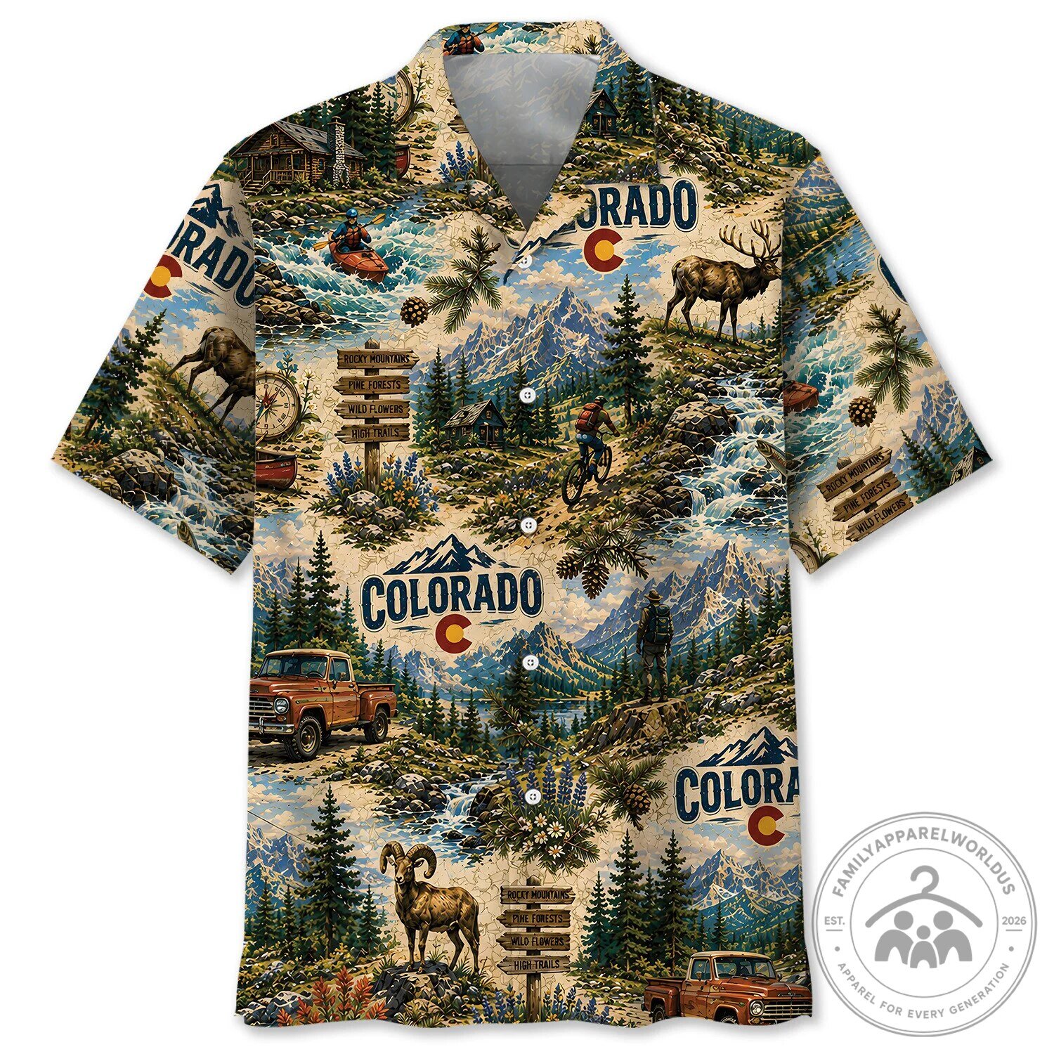 Colorado Rocky Mountains Pine Forests Wild Flowers Vintage Hawaiian Shirt