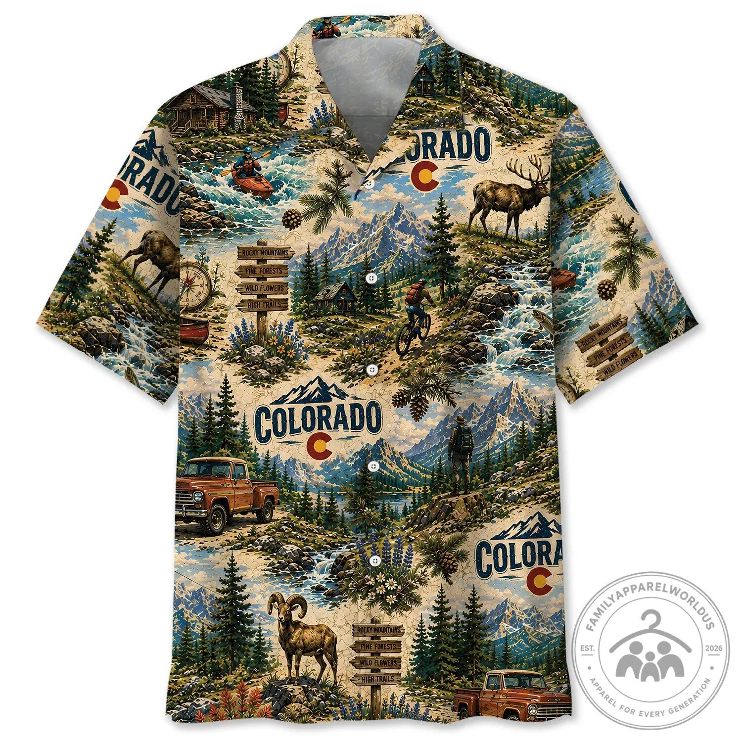 Colorado Rocky Mountains Pine Forests Wild Flowers Vintage Hawaiian Shirt