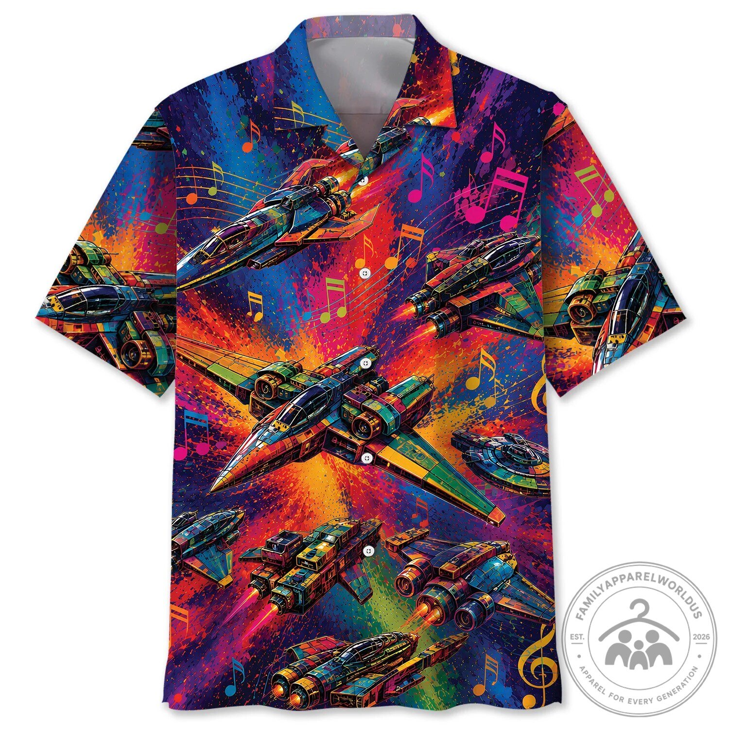 Spaceship Vintage Art Hawaiian Shirt, Colorful Spacecraft Music Notes Pattern
