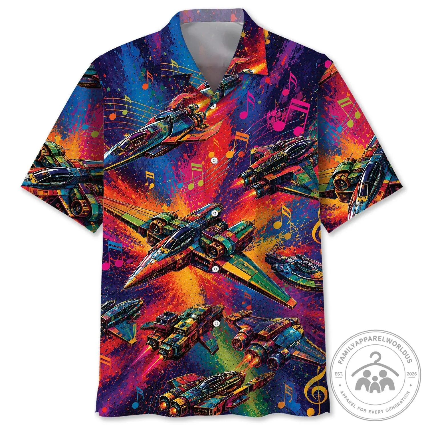 Spaceship Vintage Art Hawaiian Shirt, Colorful Spacecraft Music Notes Pattern