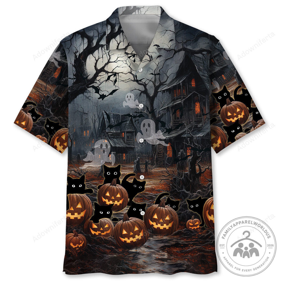 Halloween Black Cat Shirt Spooky Haunted House Pumpkin Hawaiian Shirt