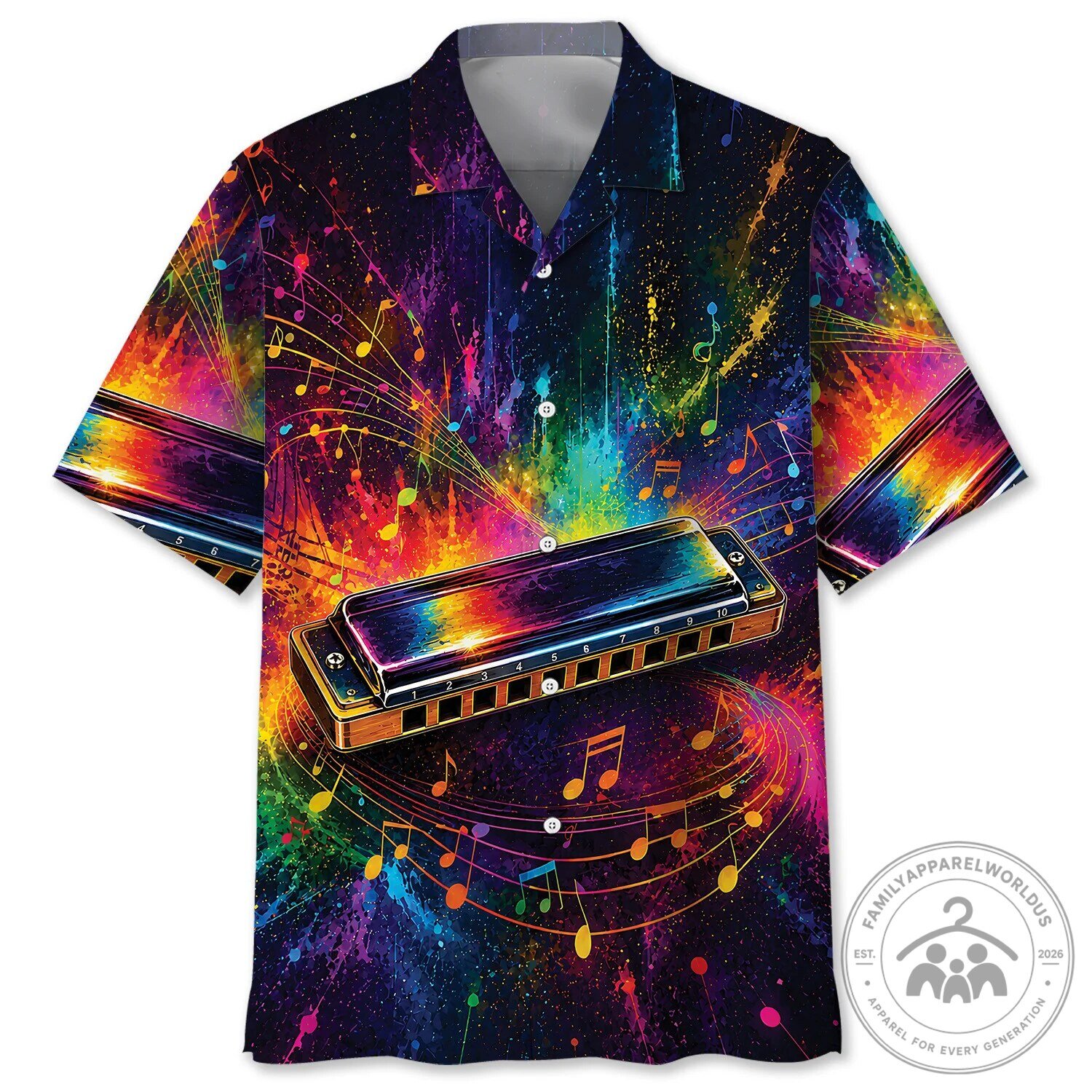 Colorful Harmonica Musical Notes Splash Art Hawaiian Shirt