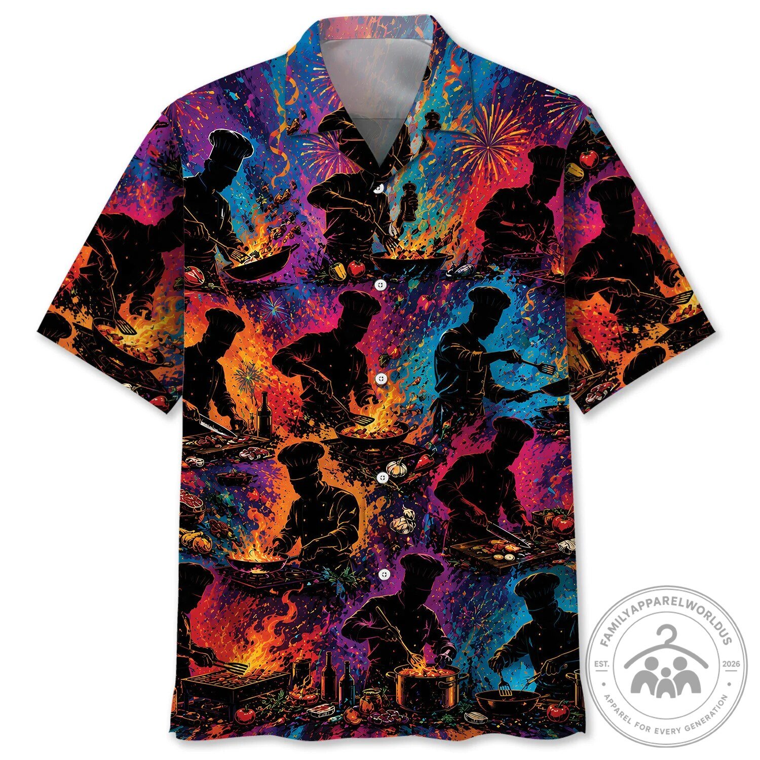 Vibrant Chef Cooking Silhouette Fireworks Hawaiian Shirt