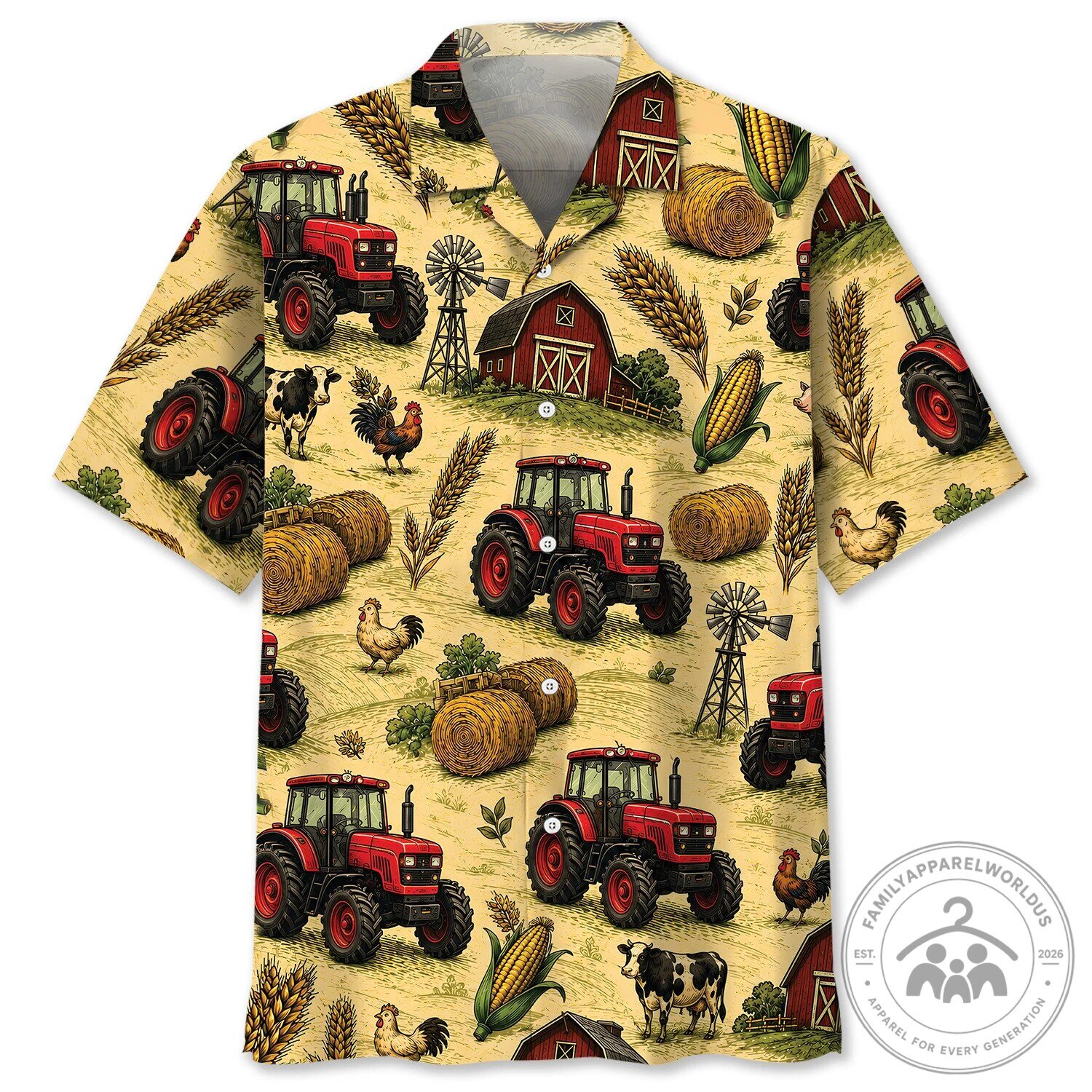 Vintage Farming Tractor Barn Hay Bale Hawaiian Shirt