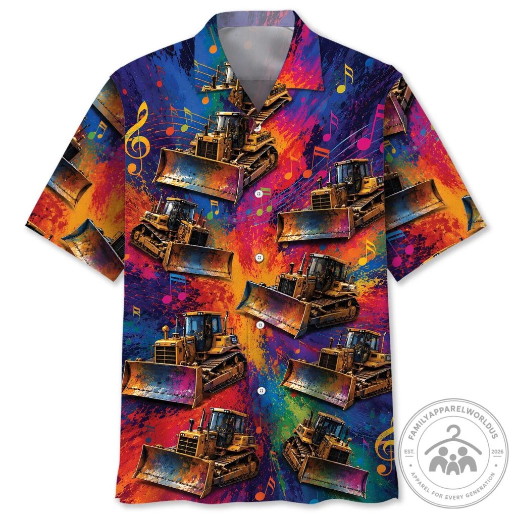 Colorful Bulldozer Construction Vehicle Music Notes Hawaiian Shirt Colorful Bulldozer Construction Vehicle Music Notes Hawaiian Shirt