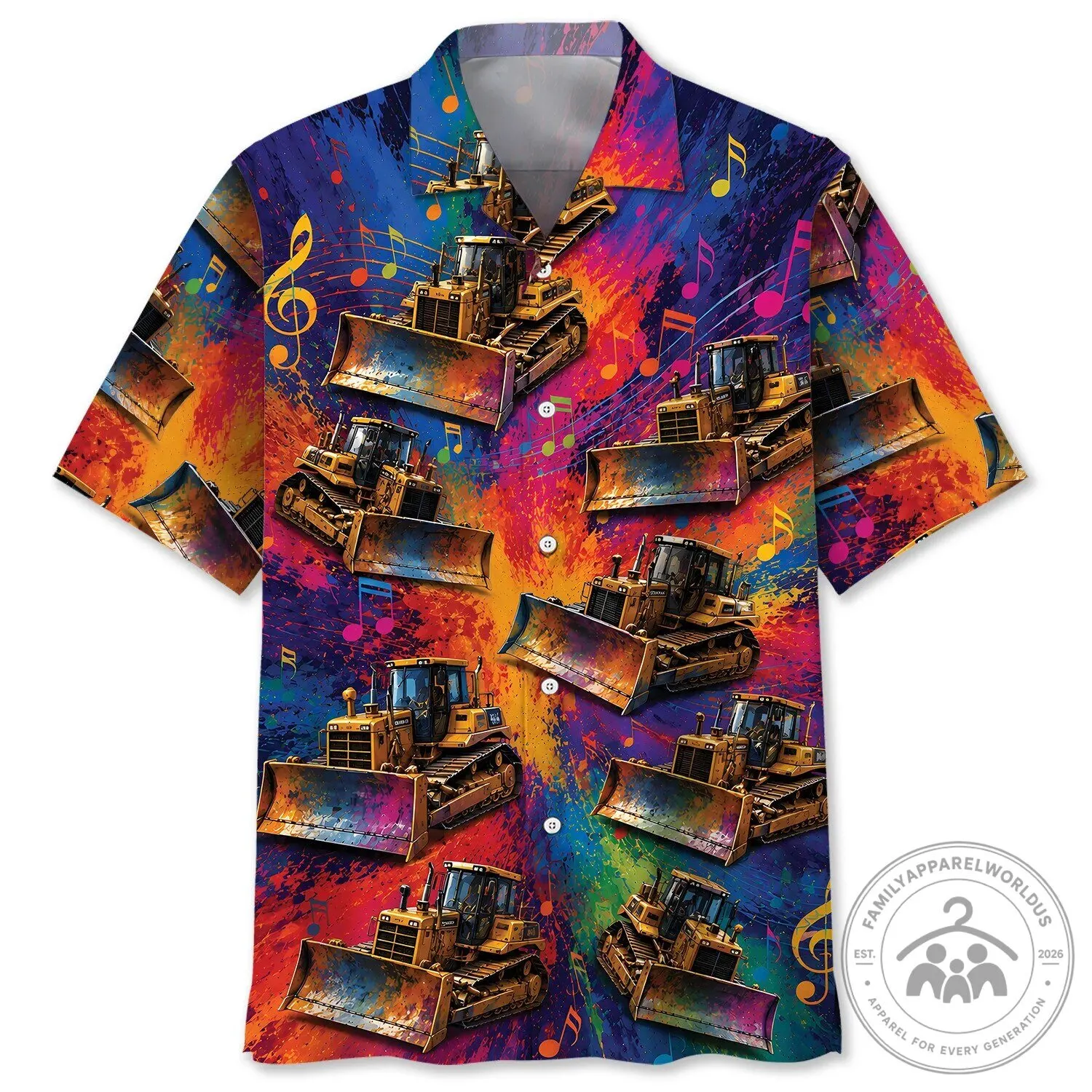 Colorful Bulldozer Construction Vehicle Music Notes Hawaiian Shirt