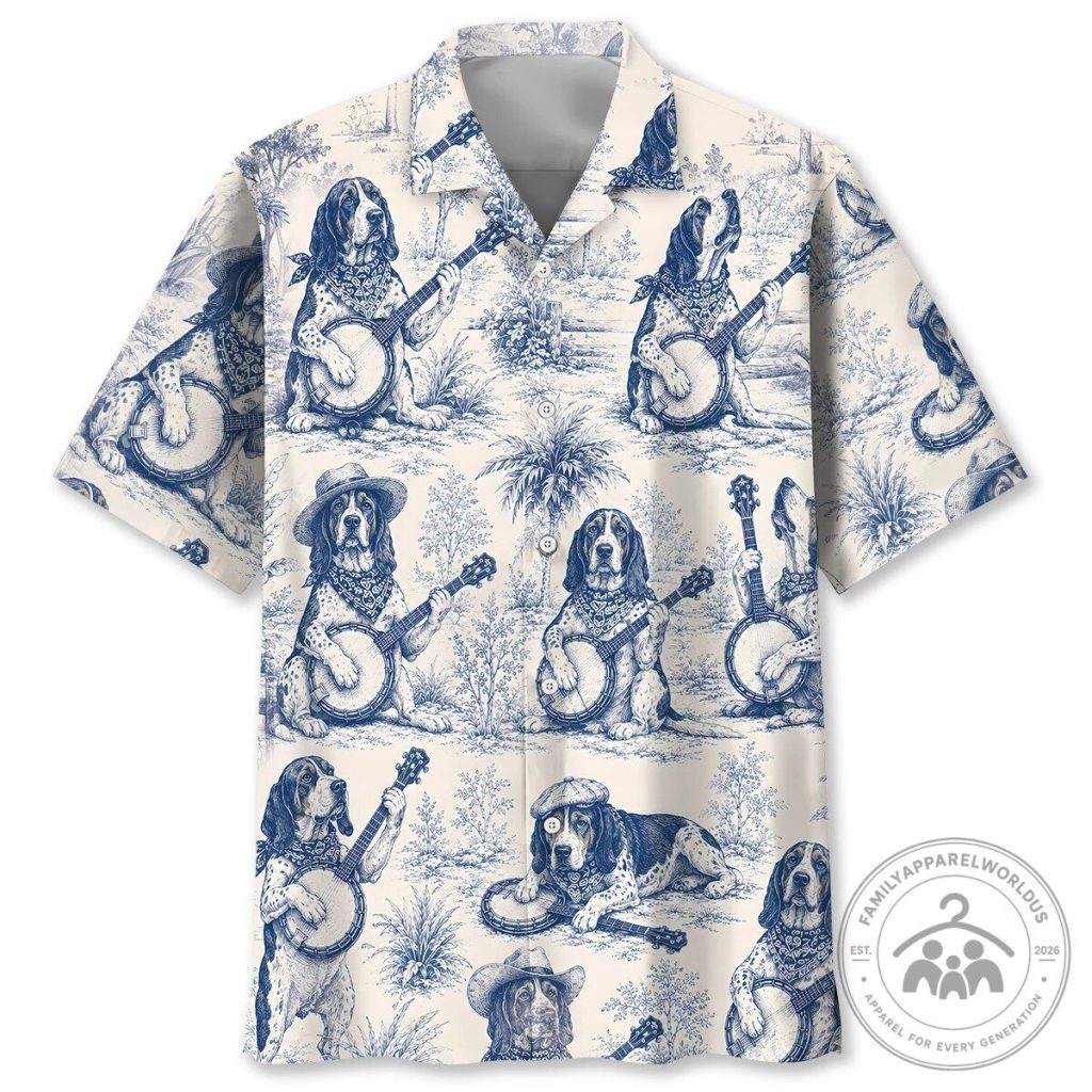 Funny Dog Banjo Player Blue and White Hawaiian Shirt Funny Dog Banjo Player Blue and White Hawaiian Shirt