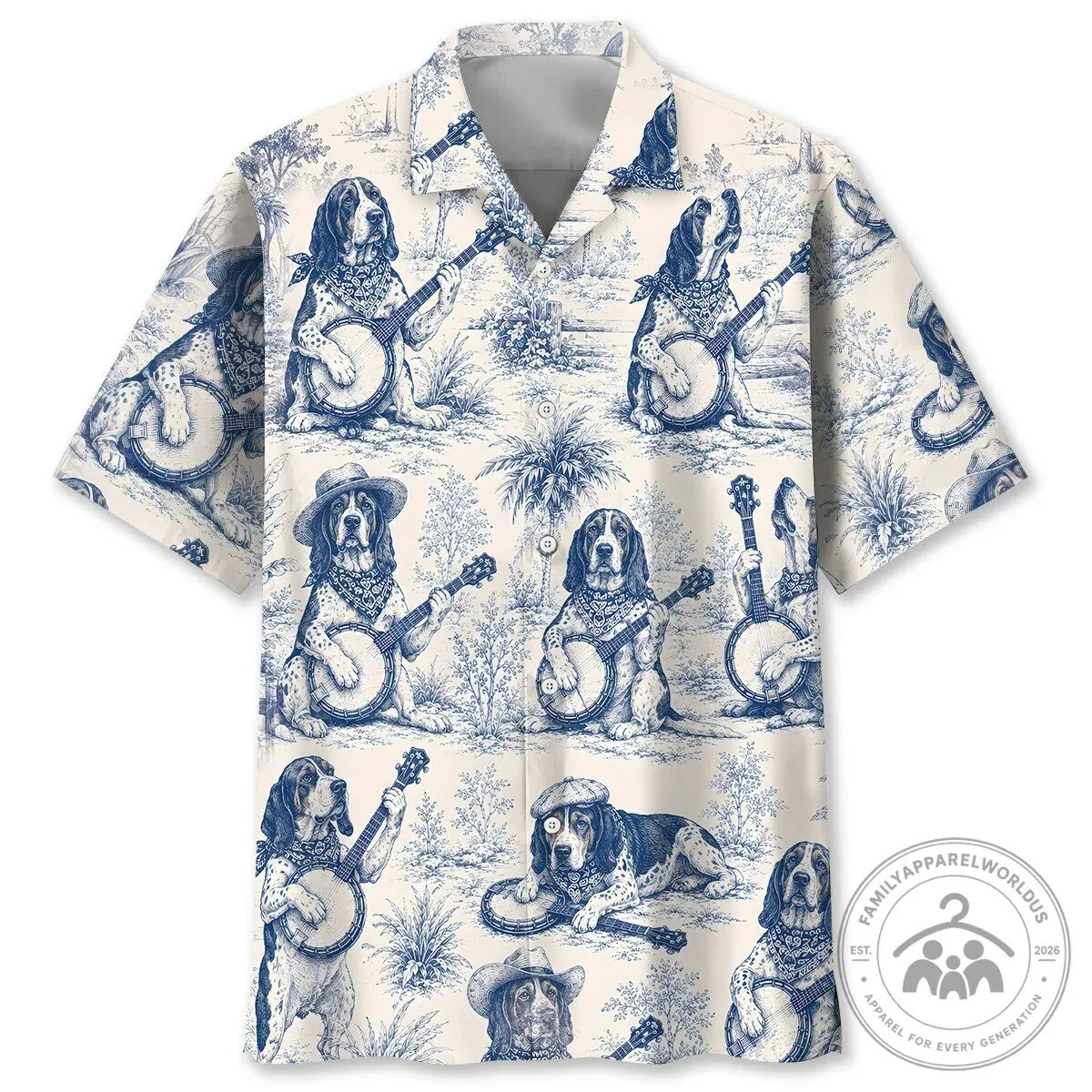 Funny Dog Banjo Player Blue and White Hawaiian Shirt