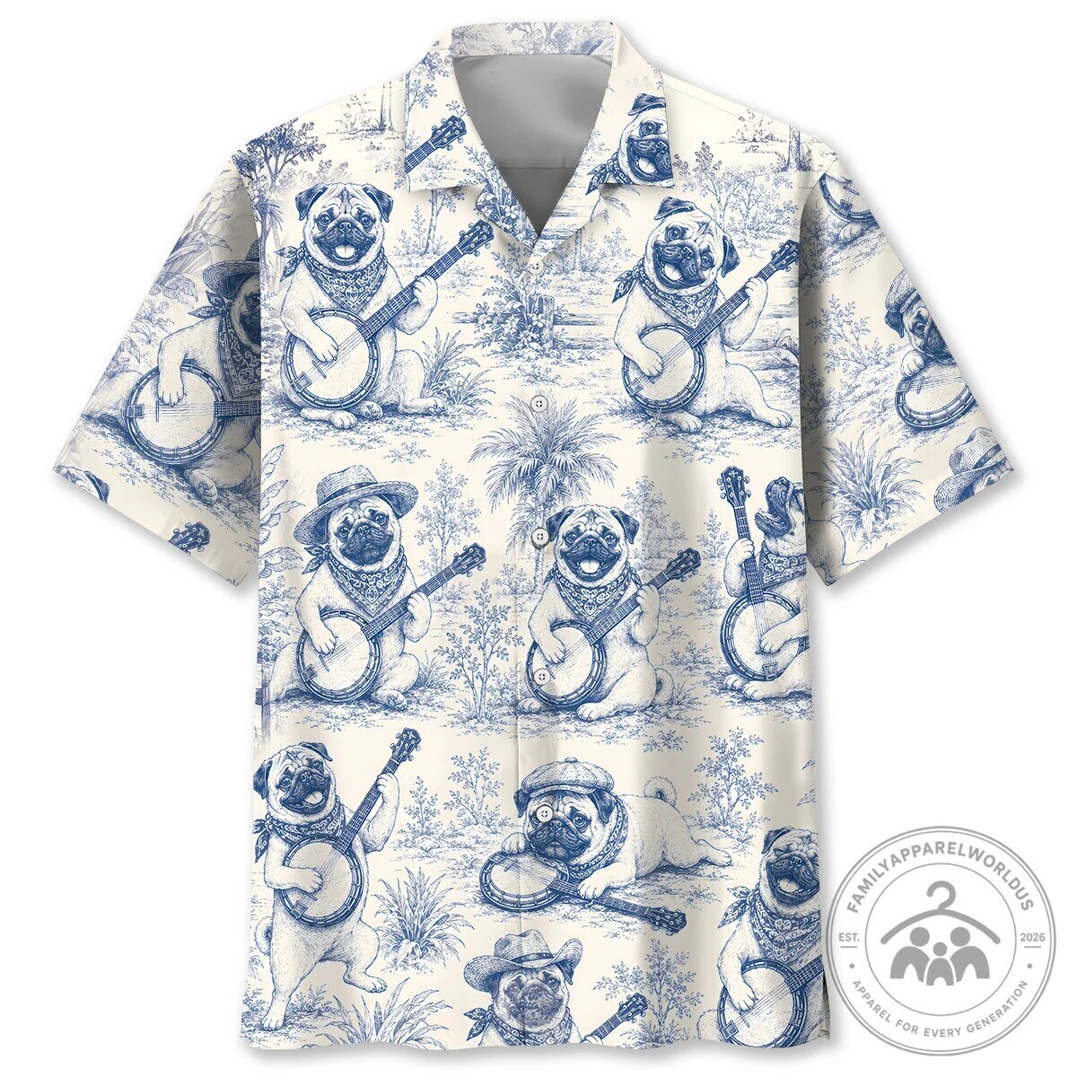 Funny Dog Shirt Pug Playing Banjo Hawaiian Button-Up Shirt