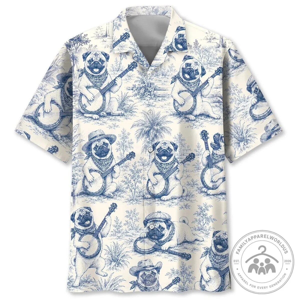 Funny Dog Shirt Pug Playing Banjo Hawaiian Button-Up Shirt