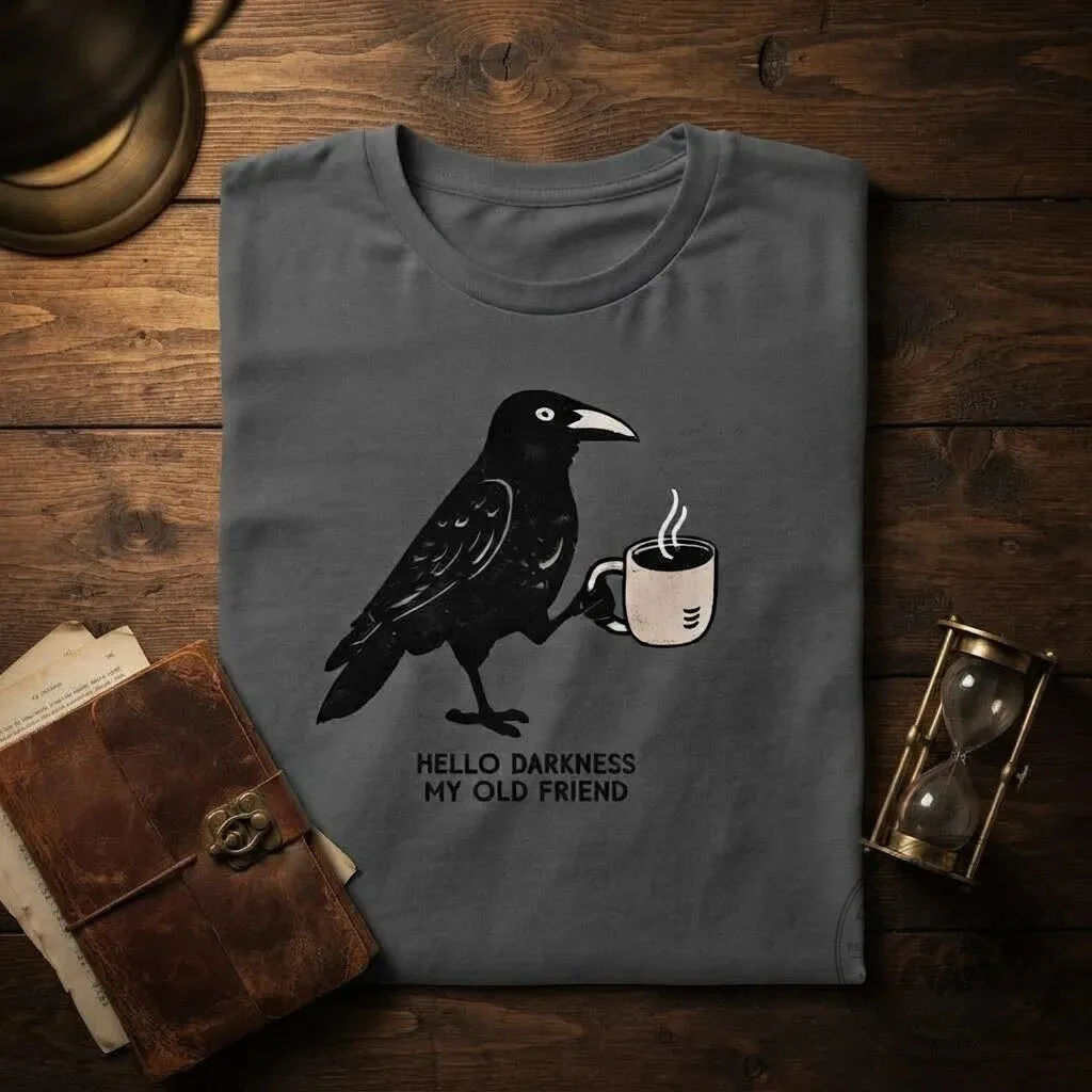"Hello Darkness My Old Friend" Coffee Lover Graphic T Shirt 9 "Hello Darkness My Old Friend" Coffee Lover Graphic T Shirt product design shown in a detailed view