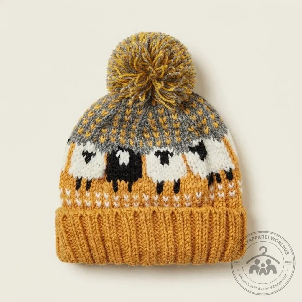 Cozy Sheep Pattern Knit Beanie Hat with Pom Pom