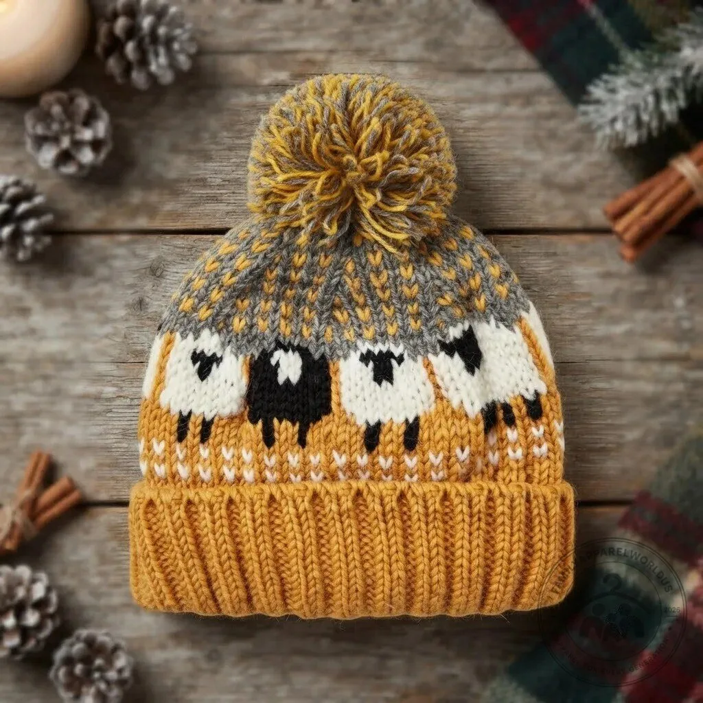 Cozy Sheep Pattern Resident Evil Knit Beanie Hat with Pom Pom 8 Cozy Sheep Pattern Knit Beanie Hat with Pom Pom product design shown in a detailed view