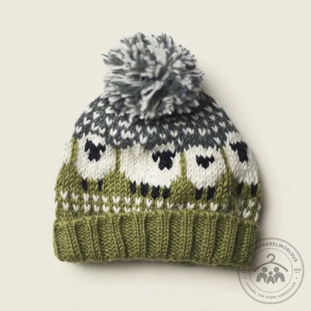 Green Sheep Pattern Knit Beanie Hat with Pom Pom 4 Green Sheep Pattern Knit Beanie Hat with Pom Pom