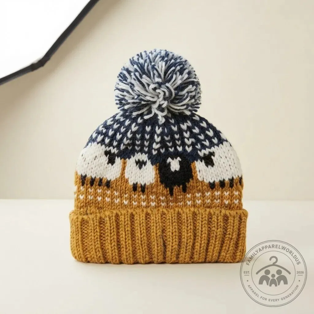 Mustard Sheep Pattern Knit Beanie Hat with Pom Pom