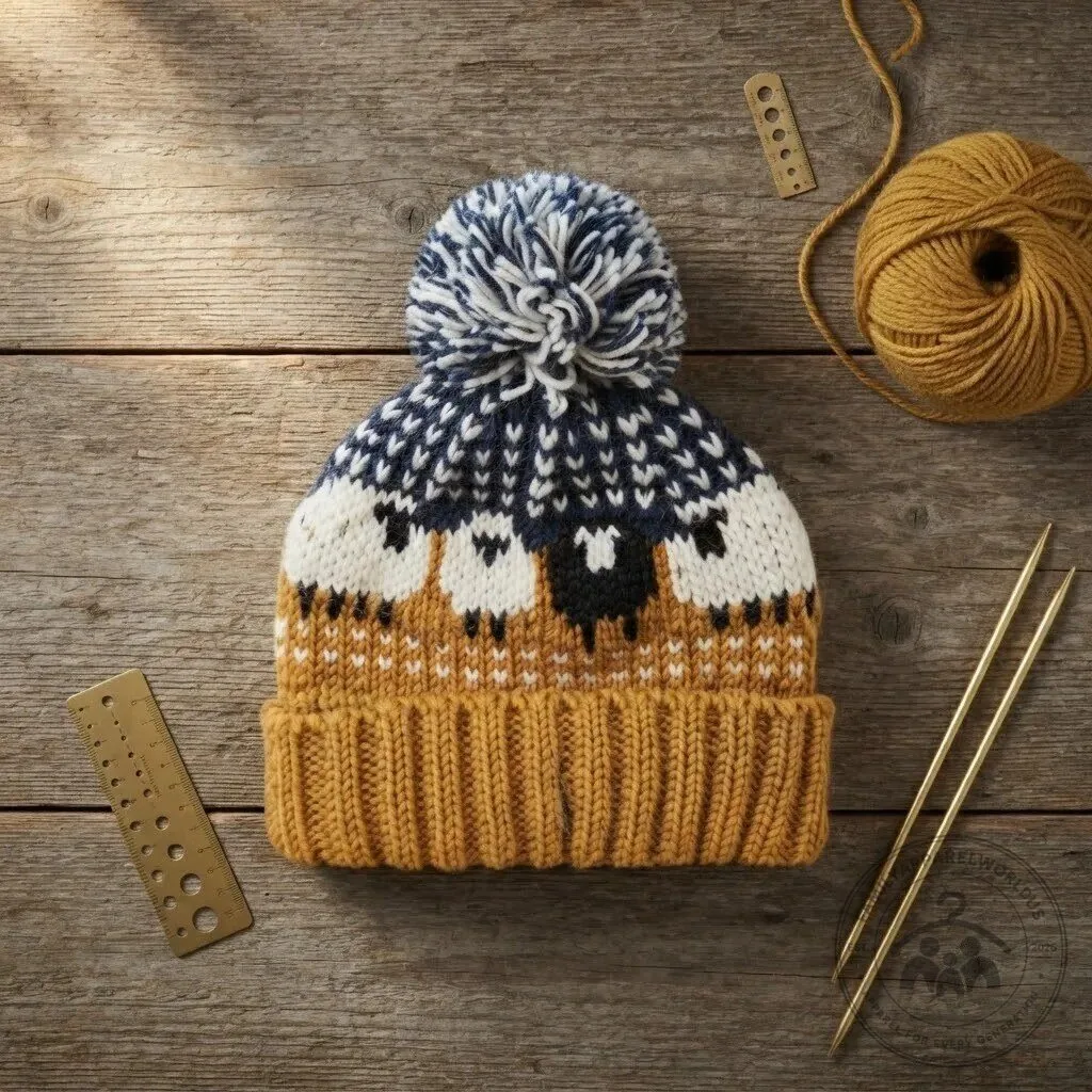 Mustard Sheep Pattern Resident Evil Knit Beanie Hat with Pom Pom 8 Mustard Sheep Pattern Knit Beanie Hat with Pom Pom product design shown in a detailed view