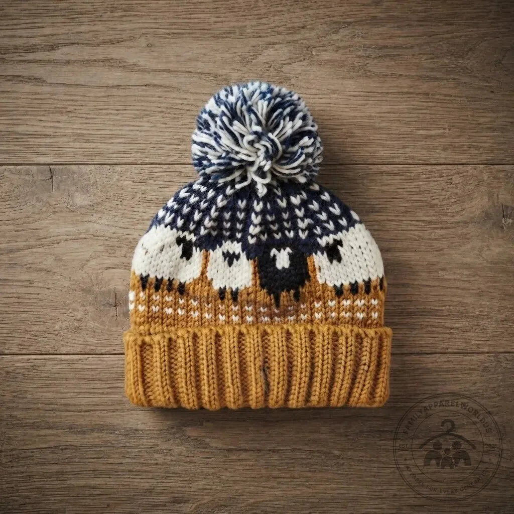 Mustard Sheep Pattern Resident Evil Knit Beanie Hat with Pom Pom 9 Mustard Sheep Pattern Knit Beanie Hat with Pom Pom product design shown in a detailed view