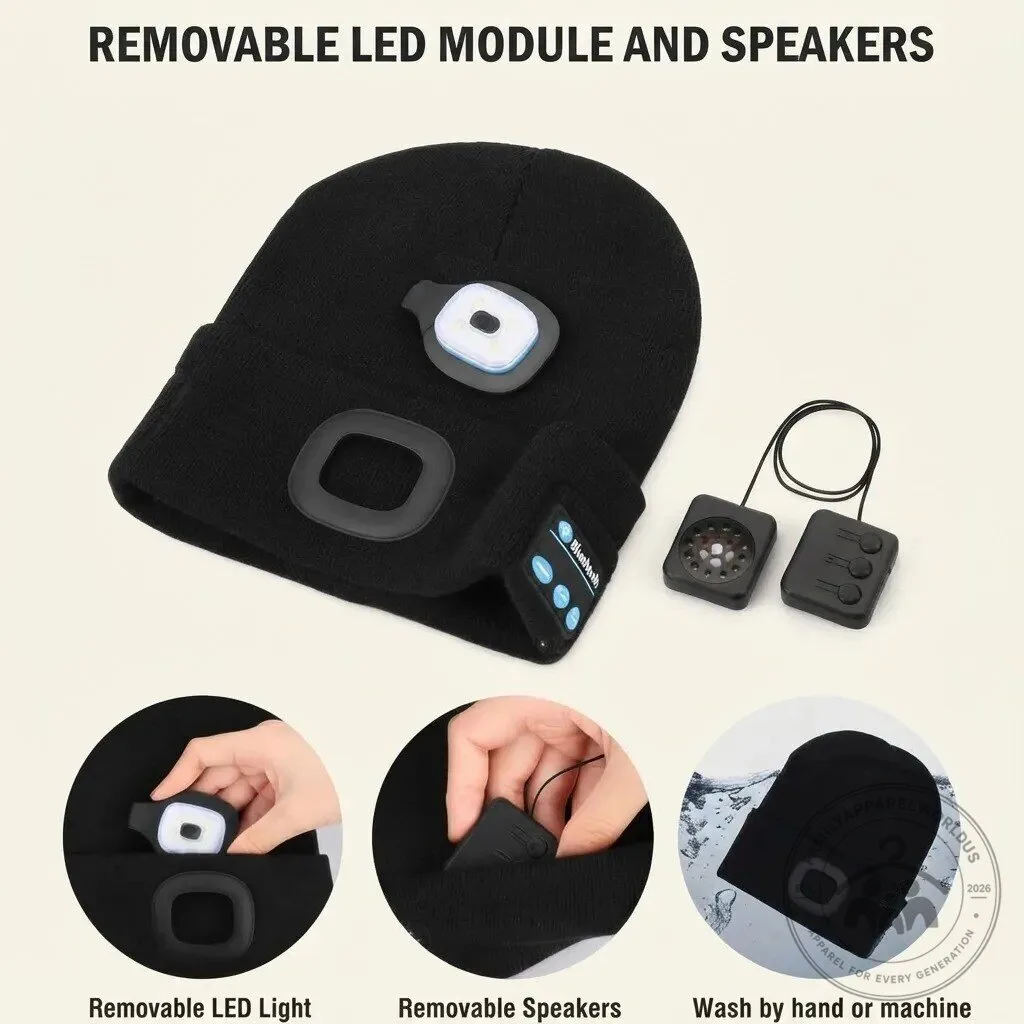 Bluetooth Beanie with LED Headlamp Wireless Headphones 8 Bluetooth Beanie with LED Headlamp & Wireless Headphones product design shown in a detailed view