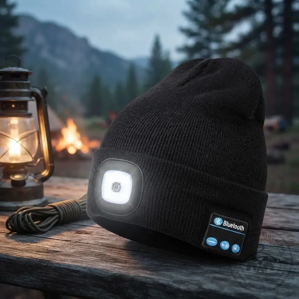 Bluetooth Beanie with LED Headlamp Wireless Headphones 9 Bluetooth Beanie with LED Headlamp & Wireless Headphones product design shown in a detailed view