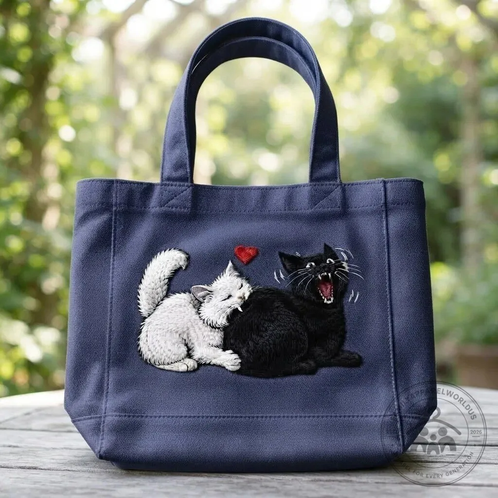 Funny Cat Couple Biting Butt Canvas Tote Bag 12 Funny Cat Couple Biting Butt Canvas Tote Bag product design shown in a detailed view