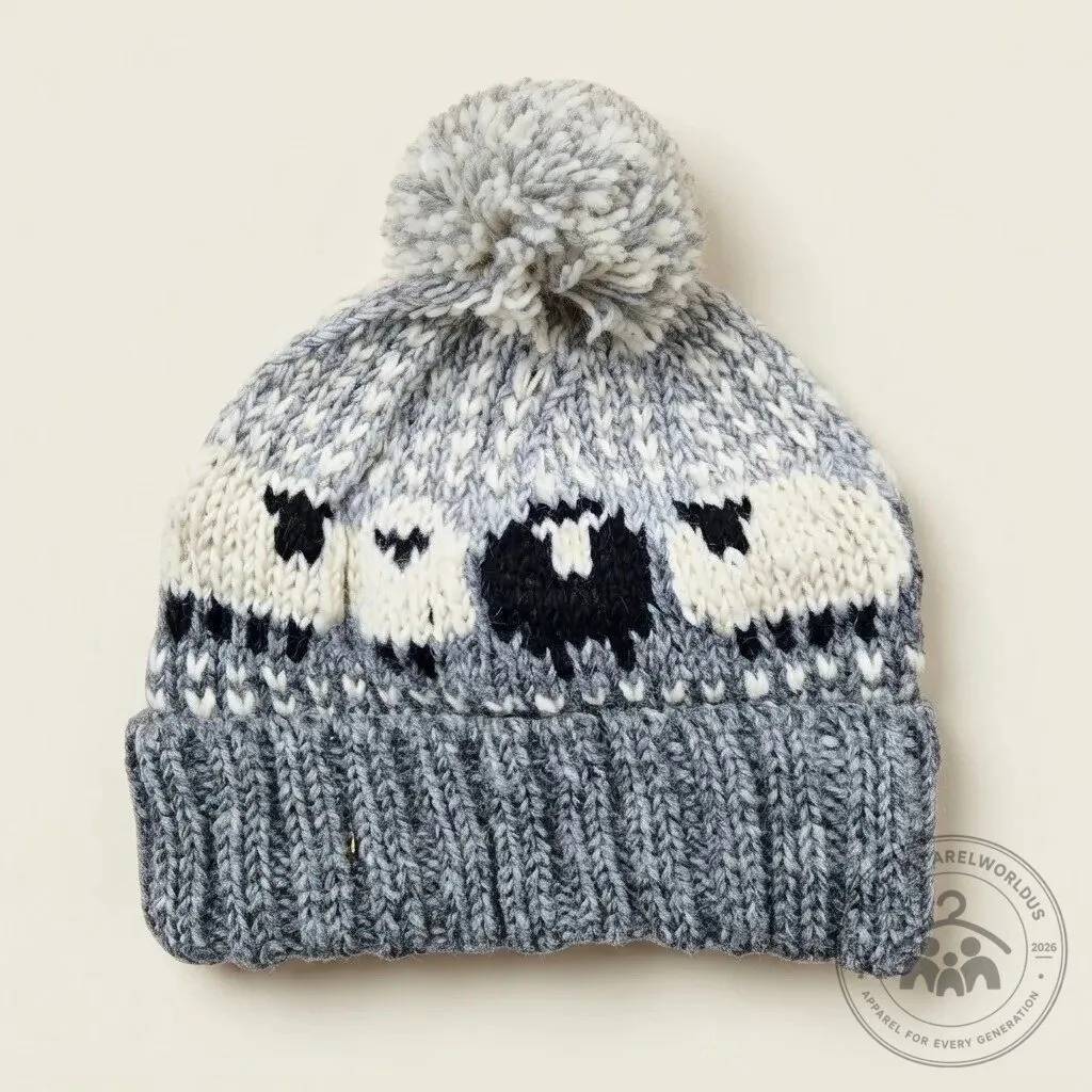 Grey Cozy Sheep Pattern Knit Beanie Hat with Pom Pom