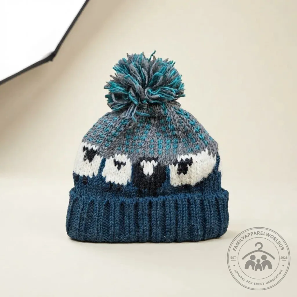 Teal Cozy Sheep Pattern Knit Beanie Hat with Pom Pom