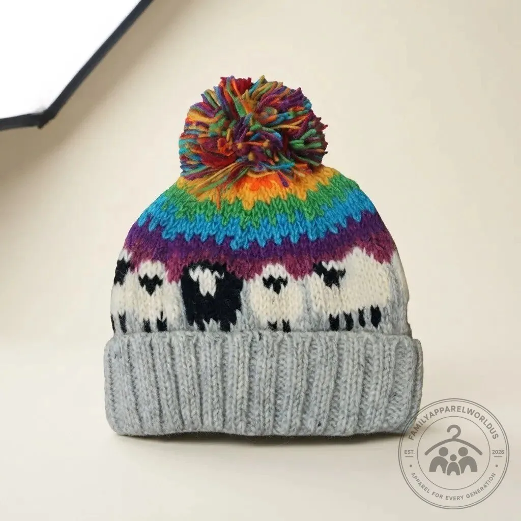 Rainbow Cozy Sheep Pattern Knit Beanie Hat with Pom Pom