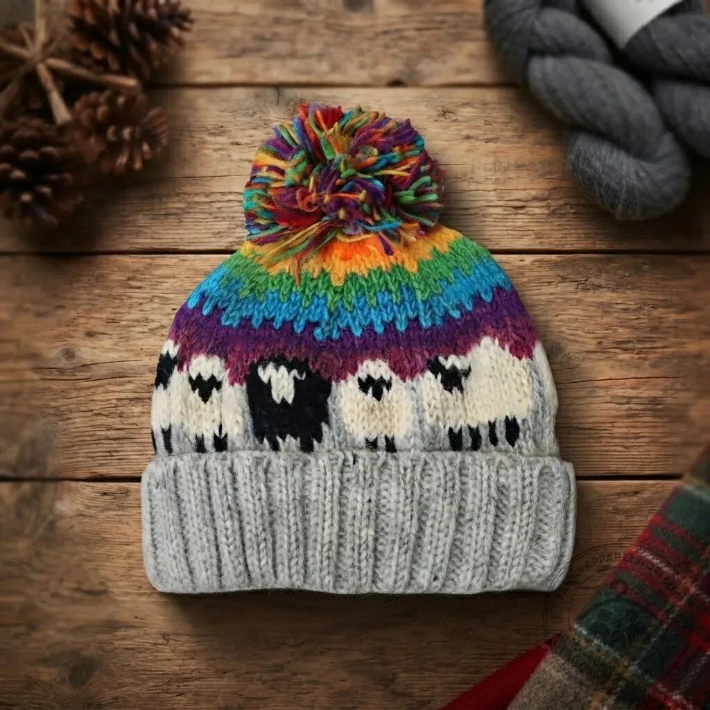Rainbow Cozy Sheep Pattern Knit Beanie Hat with Pom Pom 8 Rainbow Cozy Sheep Pattern Knit Beanie Hat with Pom Pom product design shown in a detailed view
