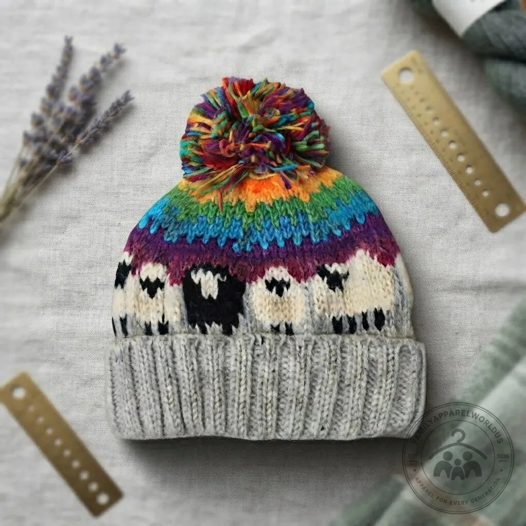 Rainbow Cozy Sheep Pattern Knit Beanie Hat with Pom Pom 9 Rainbow Cozy Sheep Pattern Knit Beanie Hat with Pom Pom product design shown in a detailed view