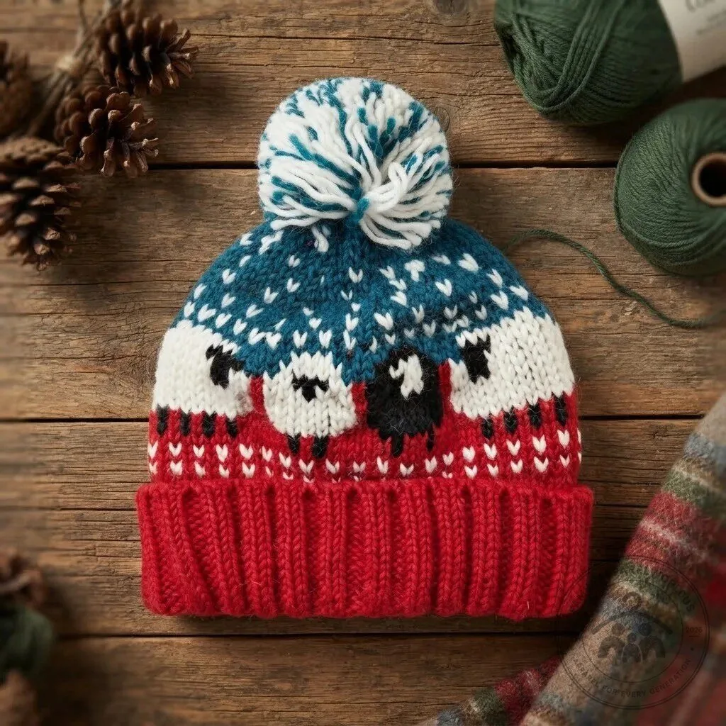 Scarlet Cozy Sheep Pattern Knit Beanie Hat with Pom Pom 8 Scarlet Cozy Sheep Pattern Knit Beanie Hat with Pom Pom product design shown in a detailed view