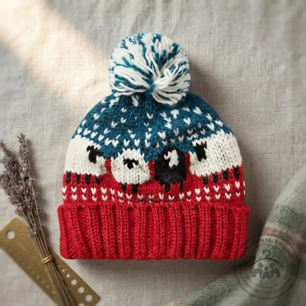 Scarlet Cozy Sheep Pattern Knit Beanie Hat with Pom Pom 9 Scarlet Cozy Sheep Pattern Knit Beanie Hat with Pom Pom product design shown in a detailed view