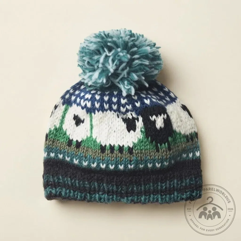 Blue Cozy Sheep Pattern Knit Beanie Hat with Pom Pom