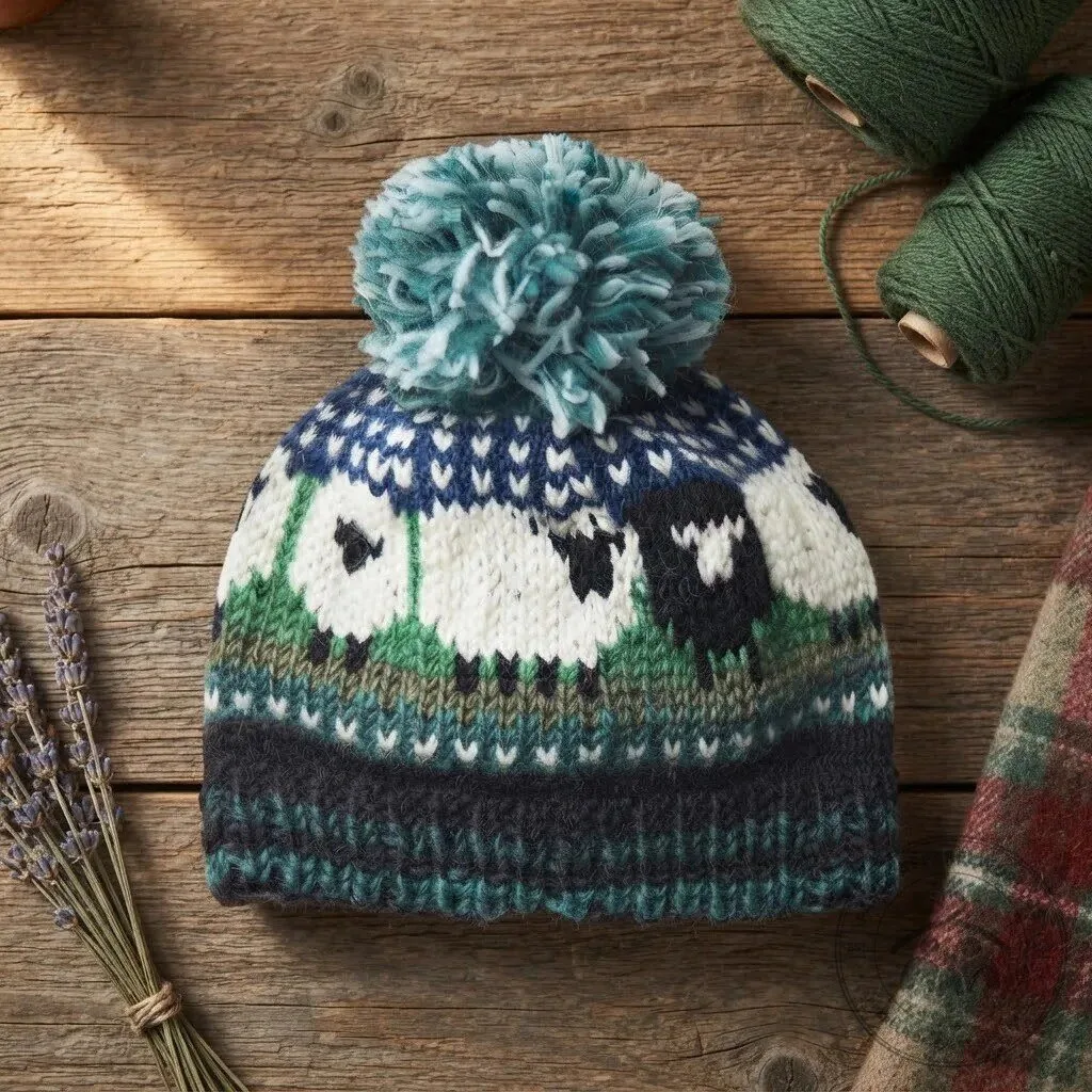 Blue Cozy Sheep Pattern Knit Beanie Hat with Pom Pom 8 Blue Cozy Sheep Pattern Knit Beanie Hat with Pom Pom product design shown in a detailed view
