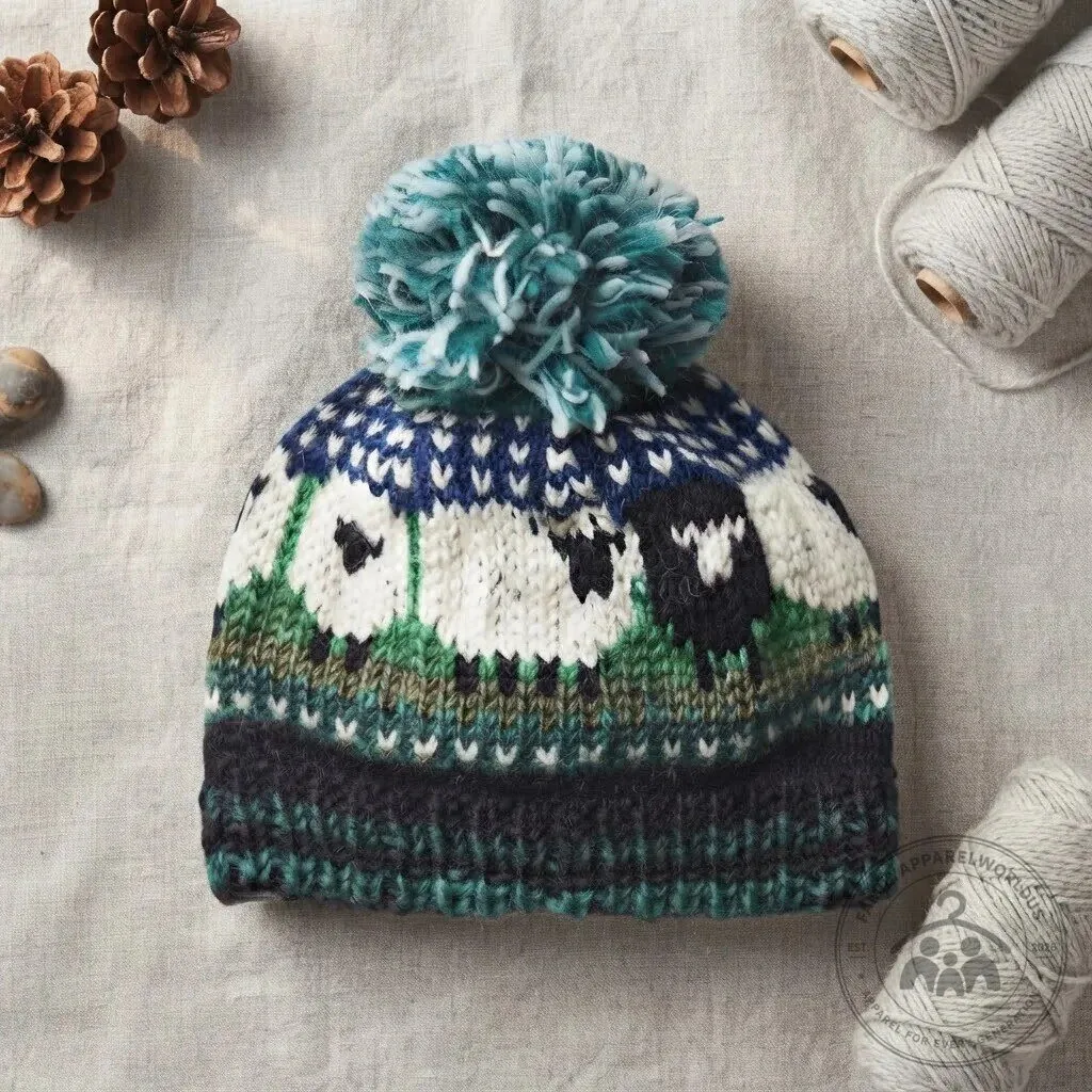 Blue Cozy Sheep Pattern Knit Beanie Hat with Pom Pom 9 Blue Cozy Sheep Pattern Knit Beanie Hat with Pom Pom product design shown in a detailed view
