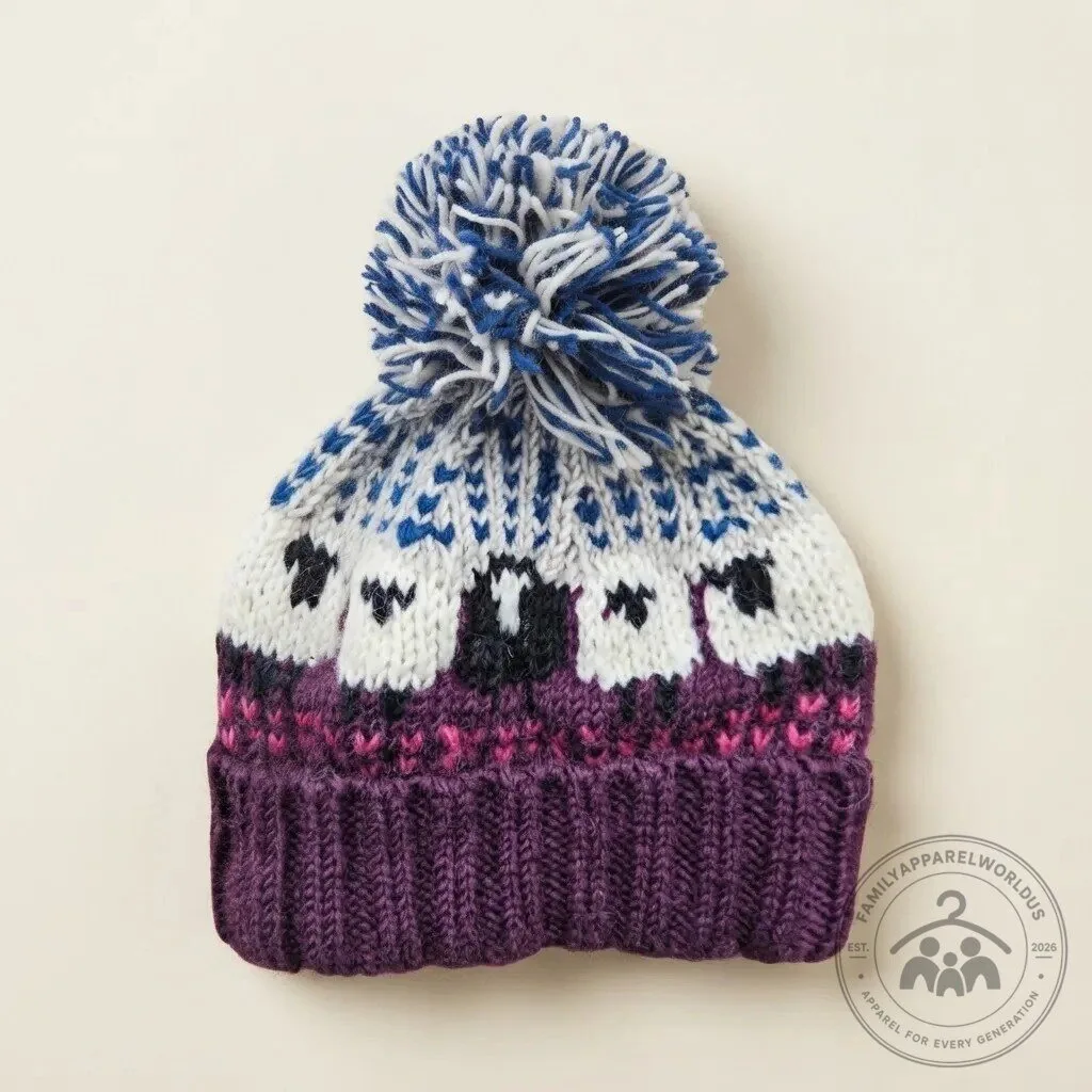 Plum Cozy Sheep Pattern Knit Beanie Hat with Pom Pom