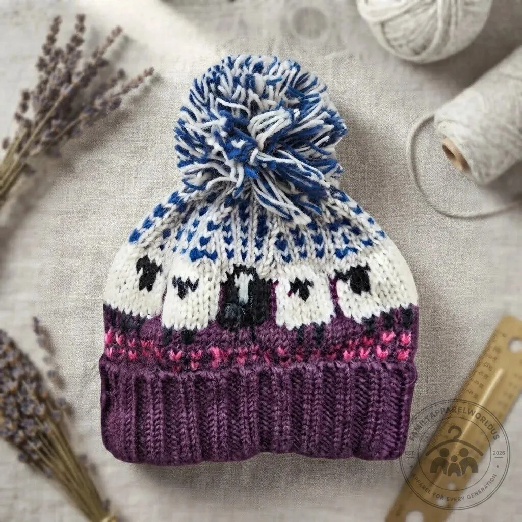 Plum Cozy Sheep Pattern Knit Beanie Hat with Pom Pom 8 Plum Cozy Sheep Pattern Knit Beanie Hat with Pom Pom product design shown in a detailed view