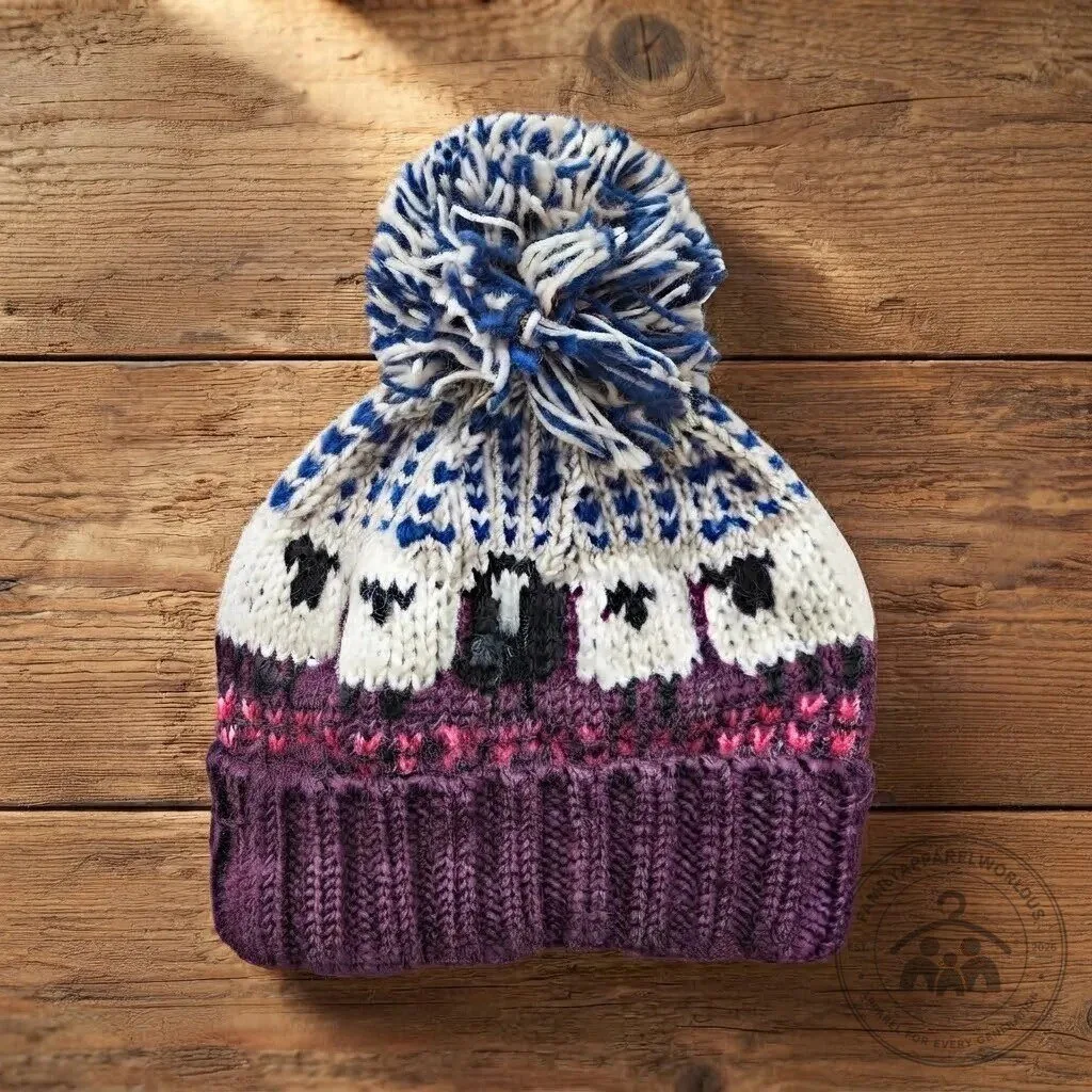 Plum Cozy Sheep Pattern Knit Beanie Hat with Pom Pom 9 Plum Cozy Sheep Pattern Knit Beanie Hat with Pom Pom product design shown in a detailed view