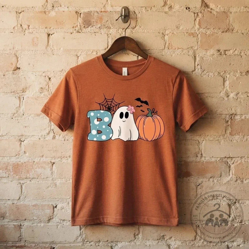 Cute Spooky Boo Ghost Pumpkin Halloween T-Shirt 9 Cute Spooky Boo Ghost Pumpkin Halloween T-Shirt product design shown in a detailed view