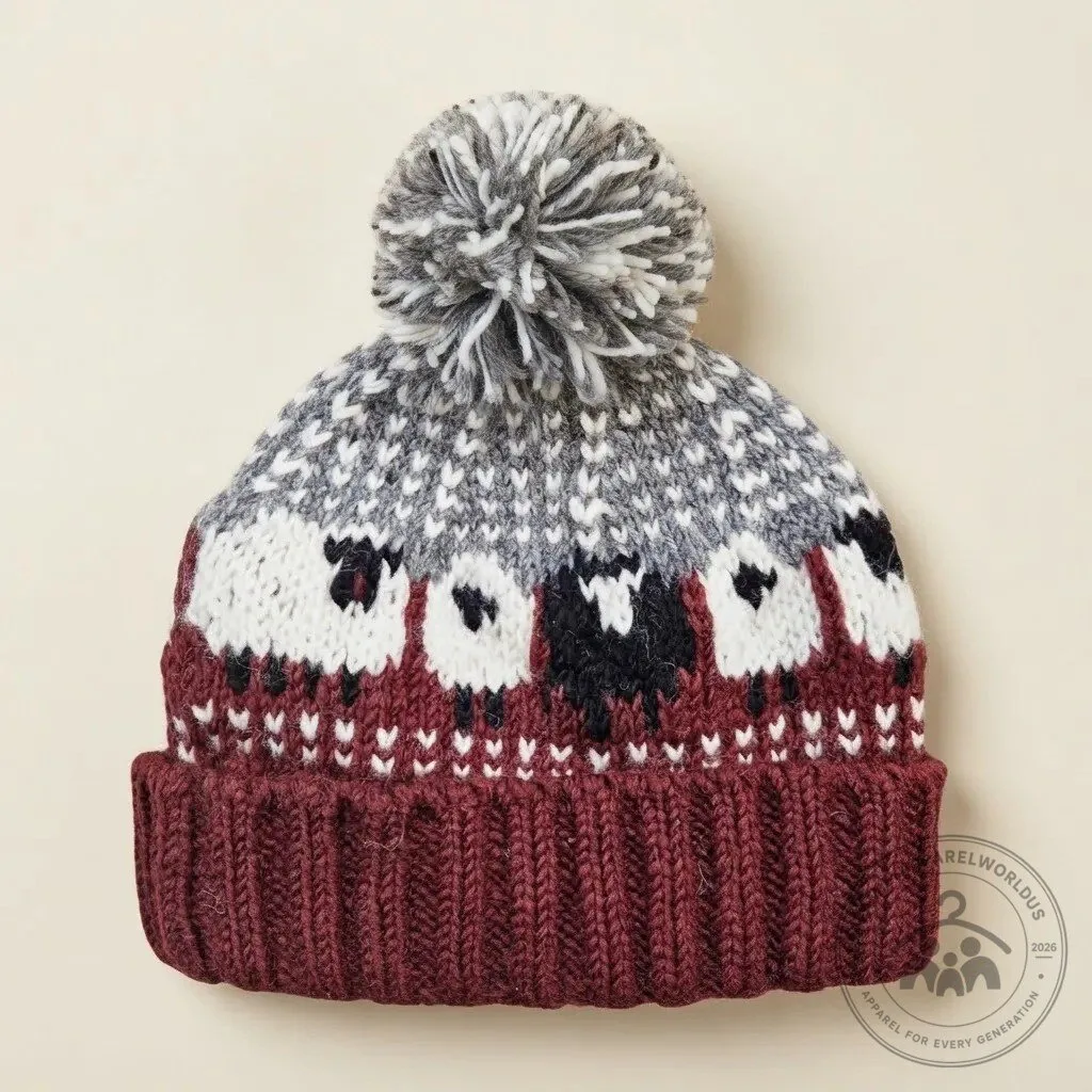 Burgundy Cozy Sheep Pattern Knit Beanie Hat with Pom Pom