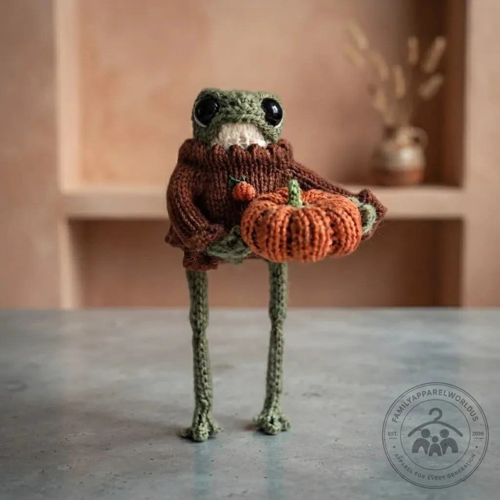 Cute Knitted Frog with Pumpkin Plush 8 Cute Knitted Frog with Pumpkin Plush product design shown in a detailed view