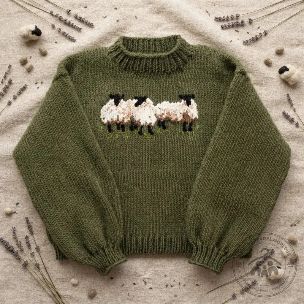 Cozy Green Sheep Pattern Knit Pullover Crewneck Sweater