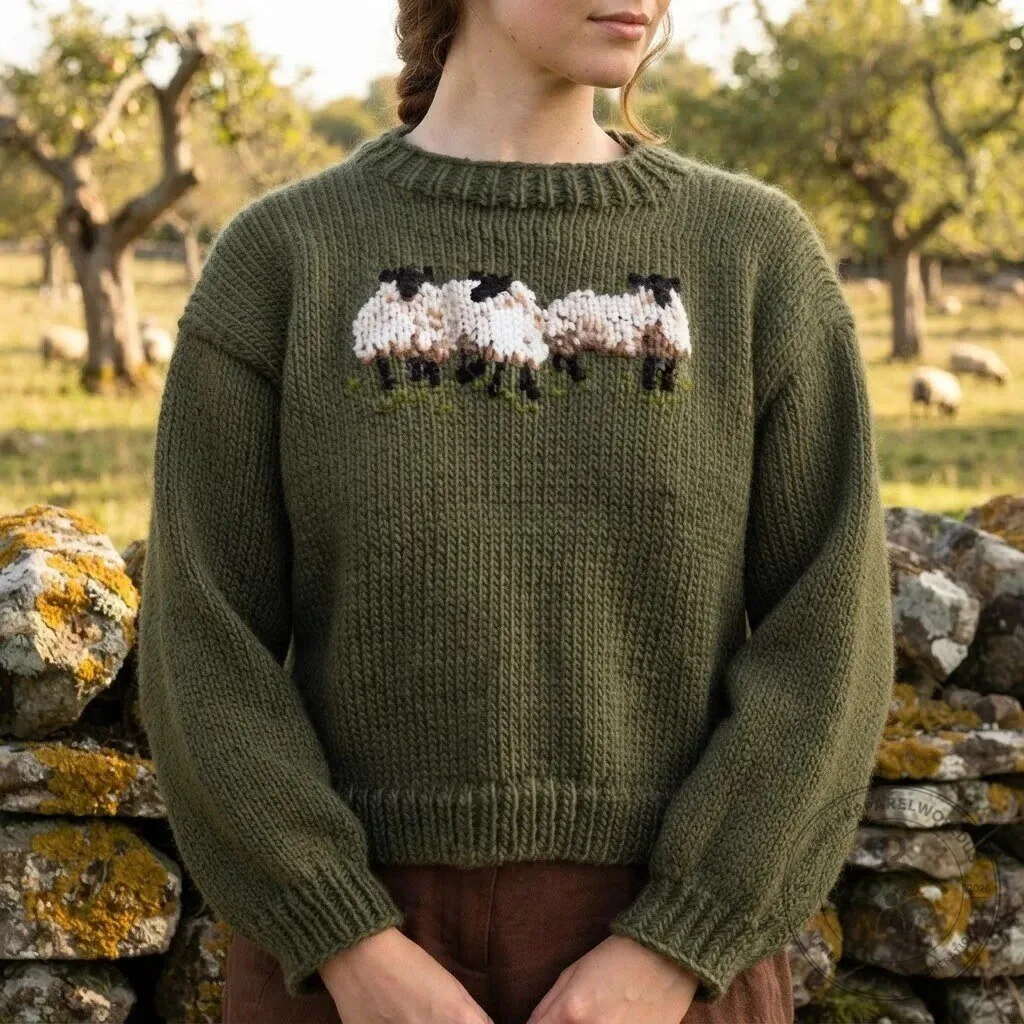 Cozy Green Sheep Pattern Knit Pullover Crewneck Sweater 8 Cozy Green Sheep Pattern Knit Pullover Crewneck Sweater product design shown in a detailed view